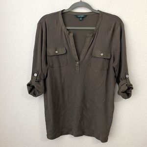 Lauren Ralph Lauren Shirt Womens Large Cotton Brown Roll Tab Vneck